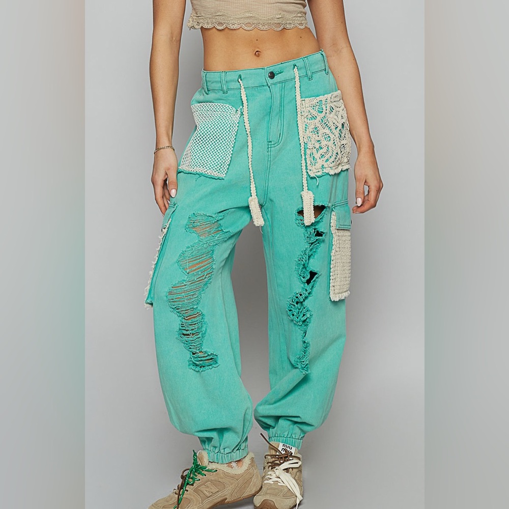 #138 3 Left POL Jungle Green jogger distressed pants with crochet pockets